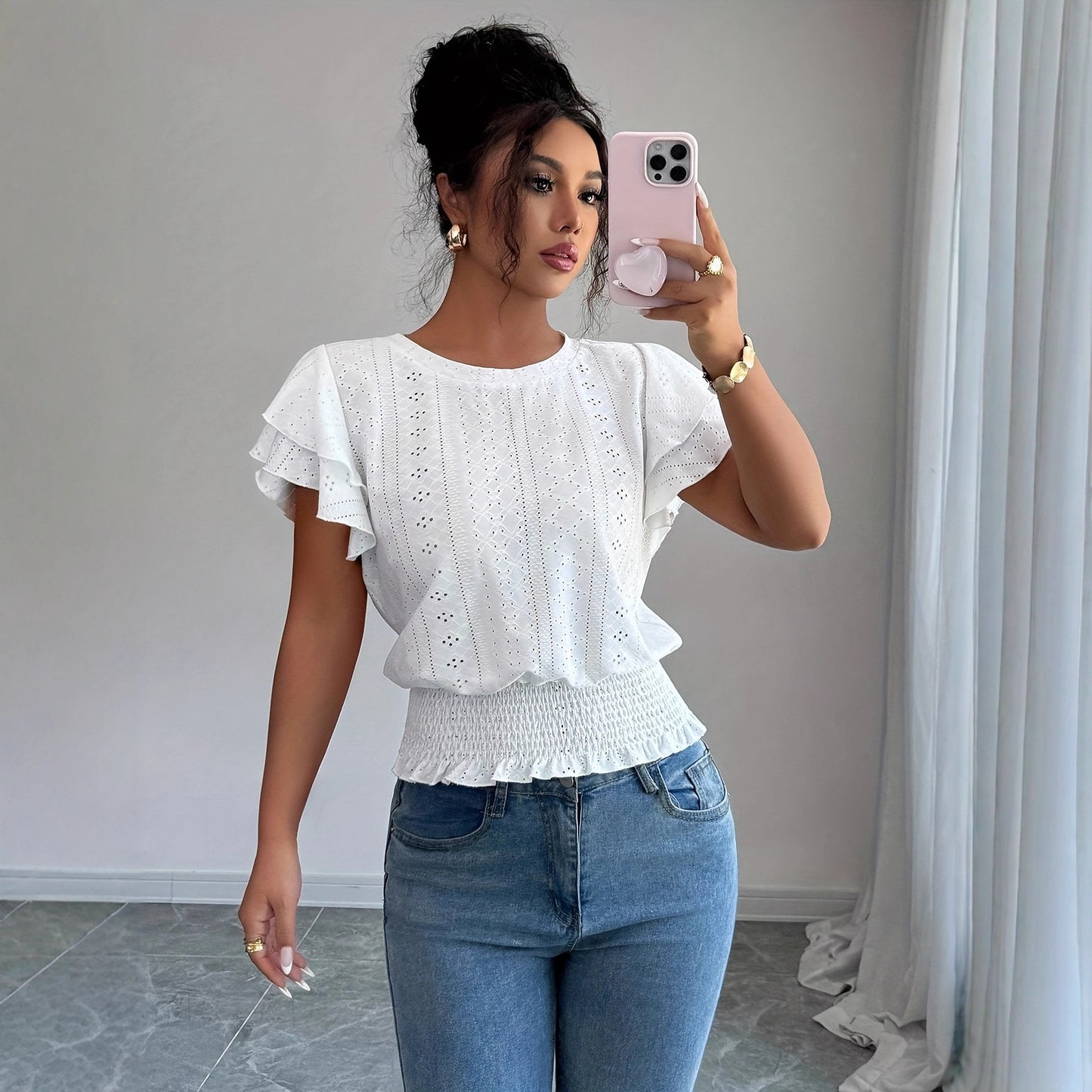 Jacquard Solid-color Crewneck Ruched Batwing-sleeve Short-sleeve Shirt