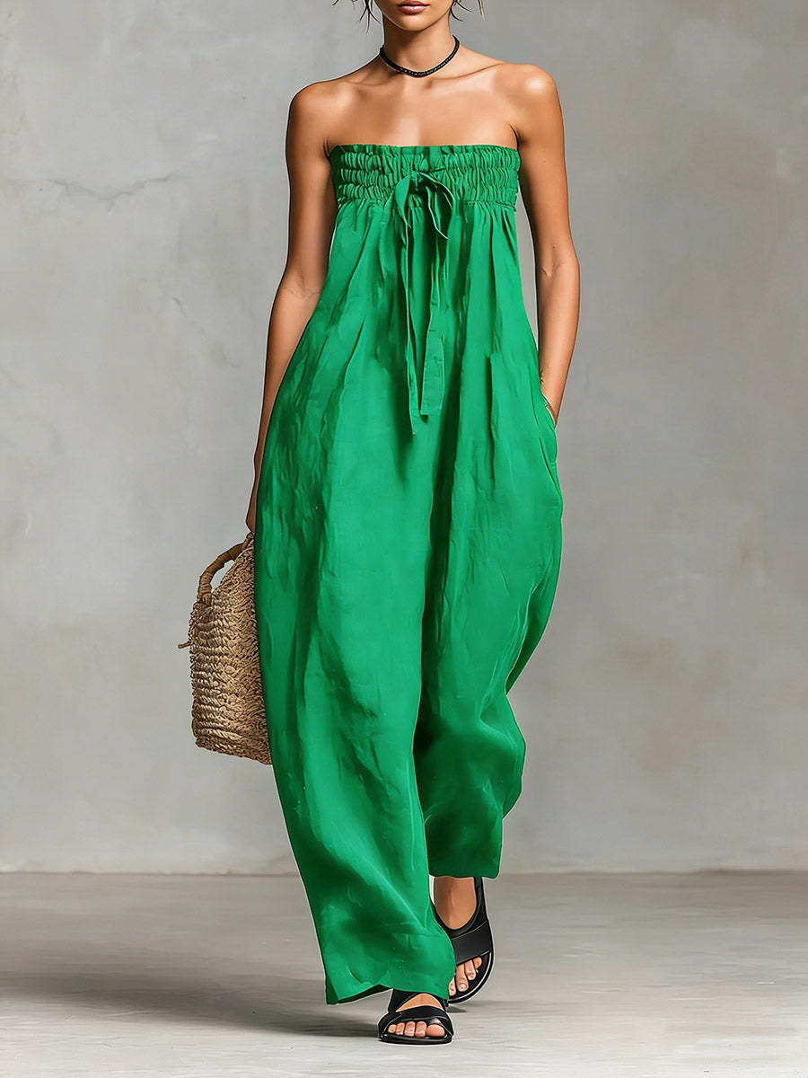 Womens Lace-up Tube Top Strapless Ruched Jumpsuit