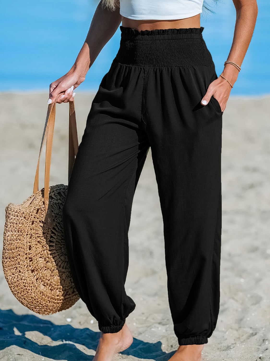 Women's Solid-Color Loose Beach Casual Ankle-Tied Pants