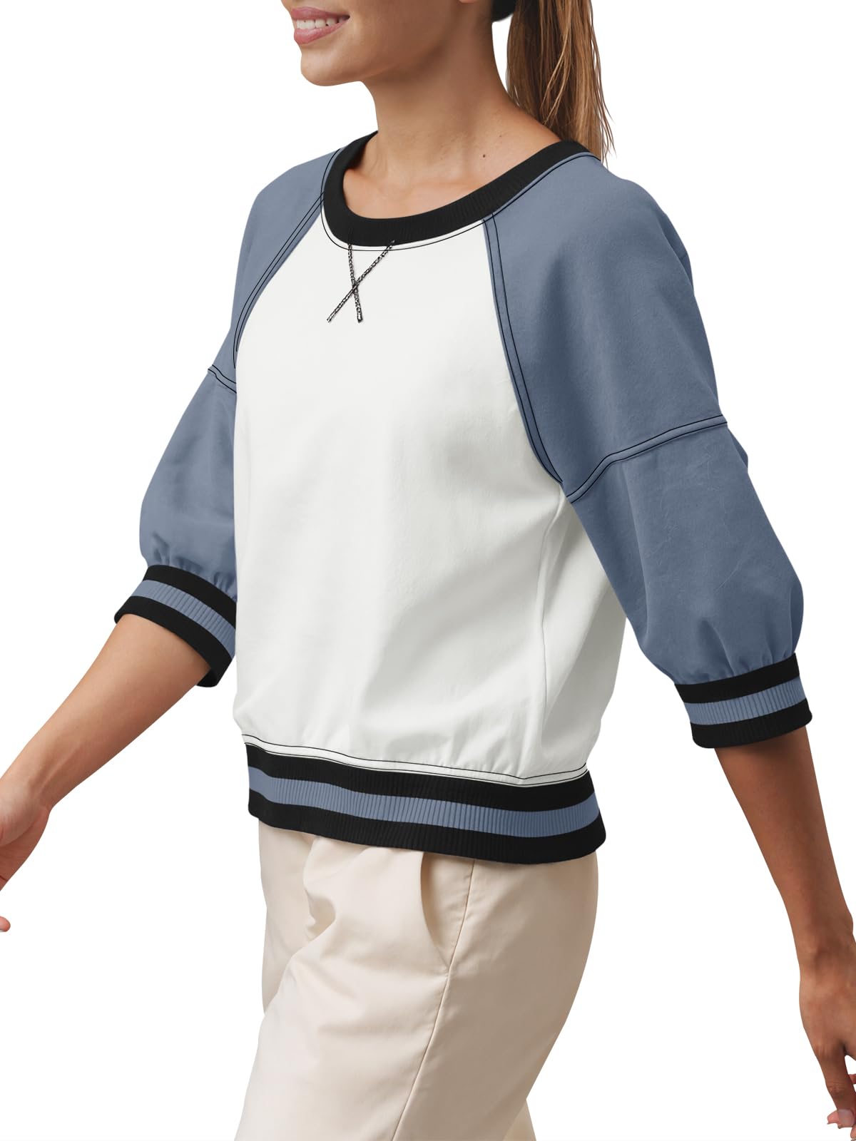 Fisoew Womens Crewneck Sweatshirt Ribbed Raglan Half Sleeve Pullover Tops Color Block Loose Fit Sweatshirts
