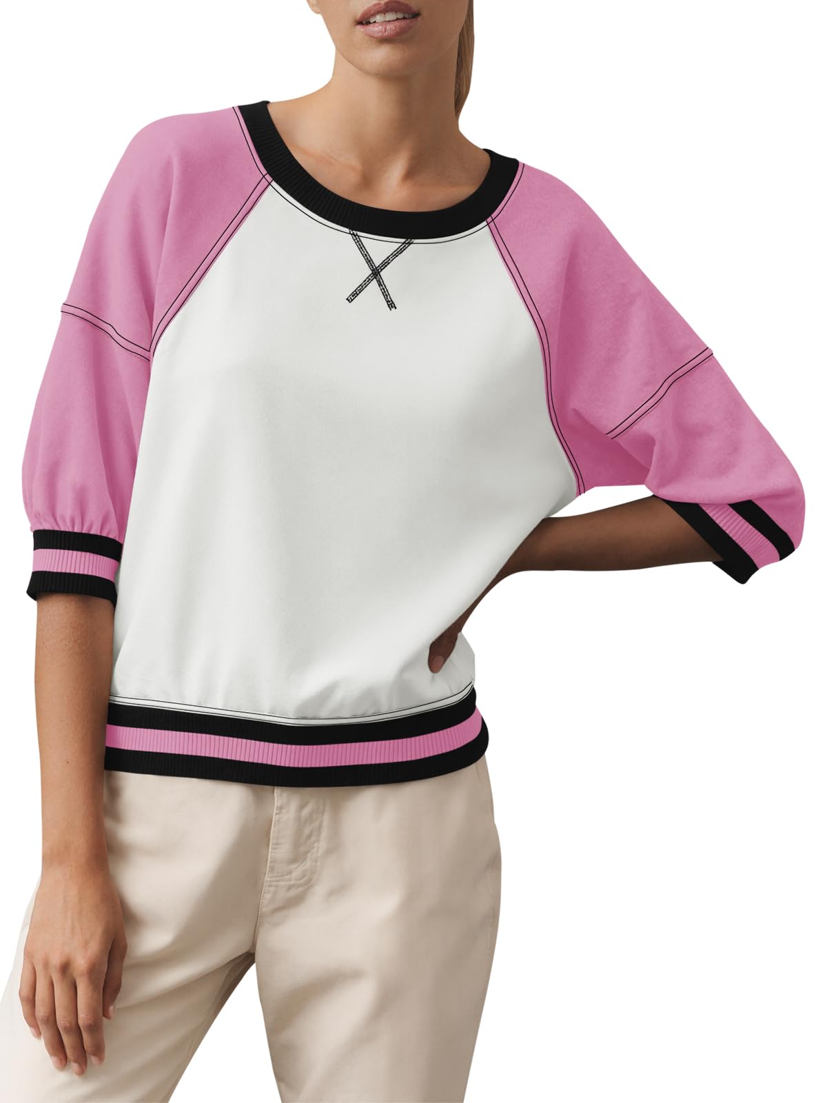 Fisoew Womens Crewneck Sweatshirt Ribbed Raglan Half Sleeve Pullover Tops Color Block Loose Fit Sweatshirts