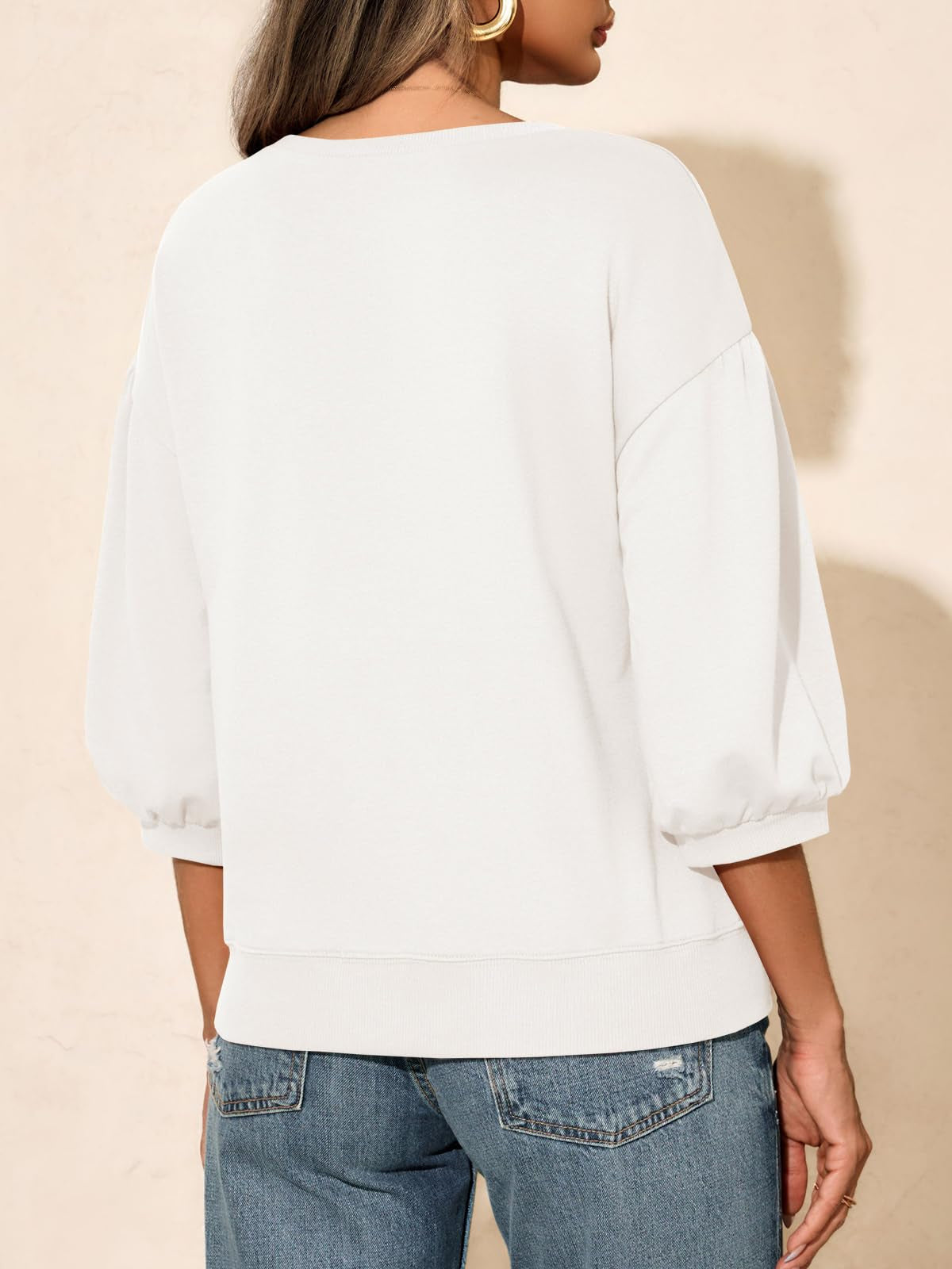 Fisoew Womens Puff Sleeve Sweatshirts Casual Crewneck Sleeve Loose Fit Fall Pullover Tops