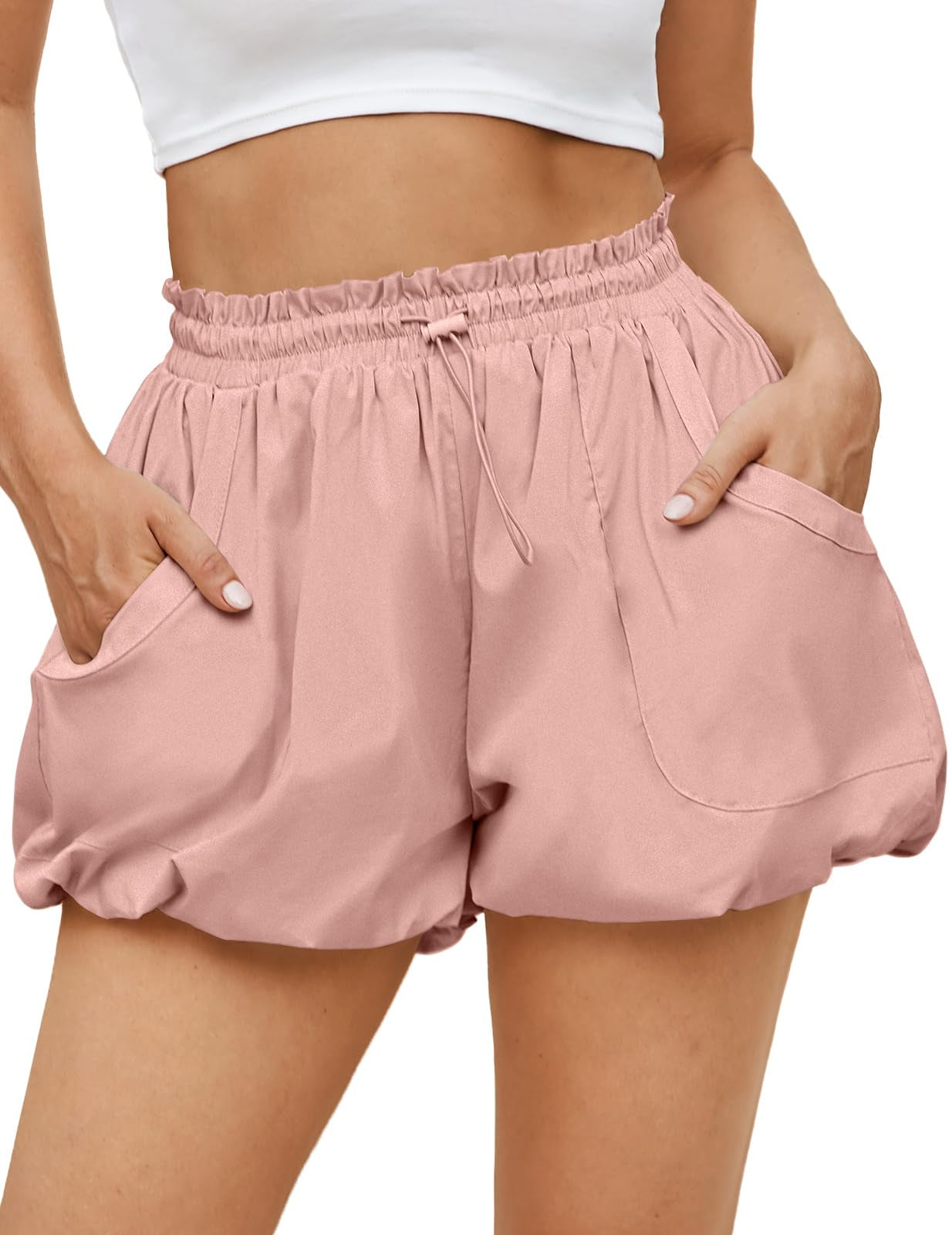 Fisoew Womens Summer Bubble Shorts Casual High Waisted Workout Puffy Shorts With Pockets