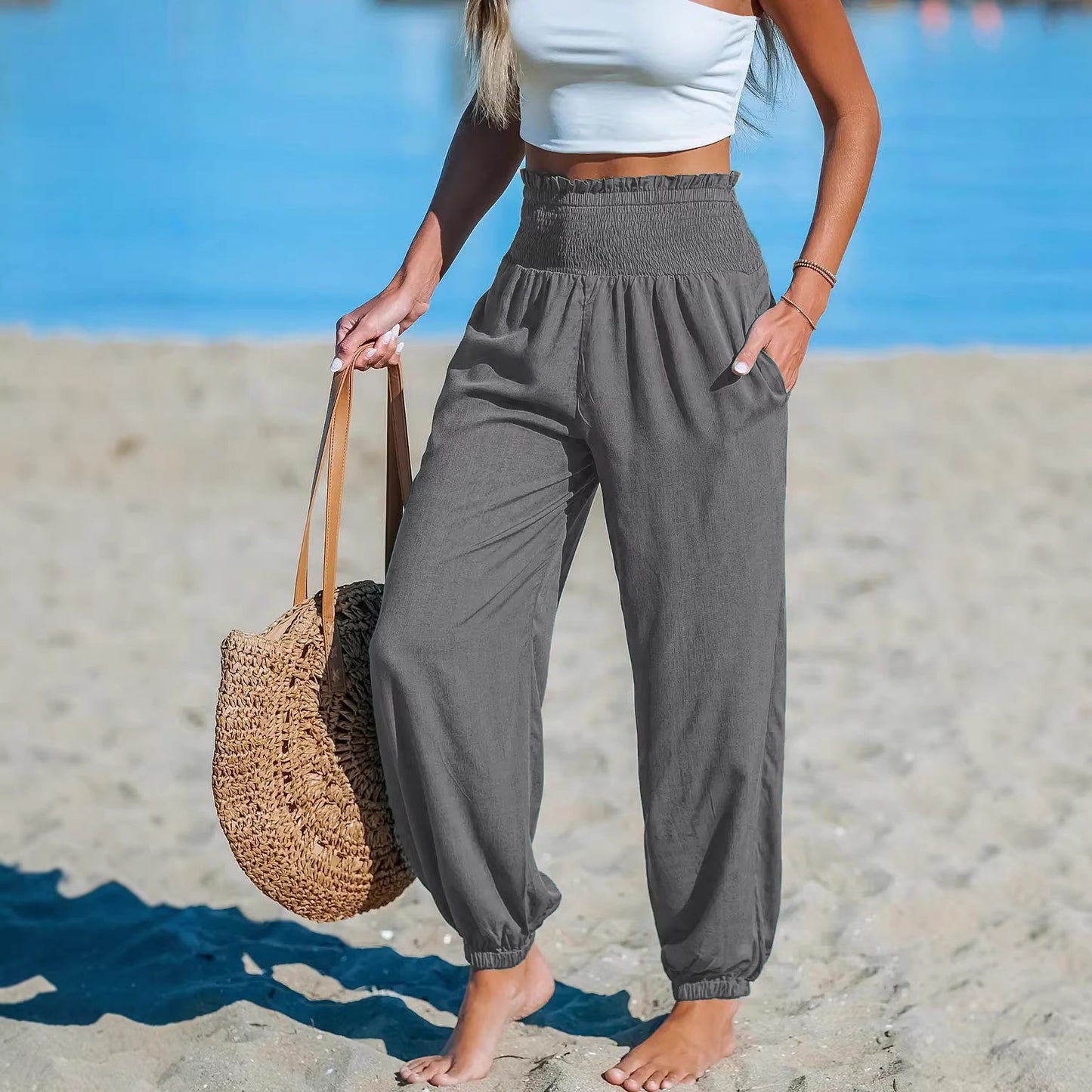 Women's Solid-Color Loose Beach Casual Ankle-Tied Pants